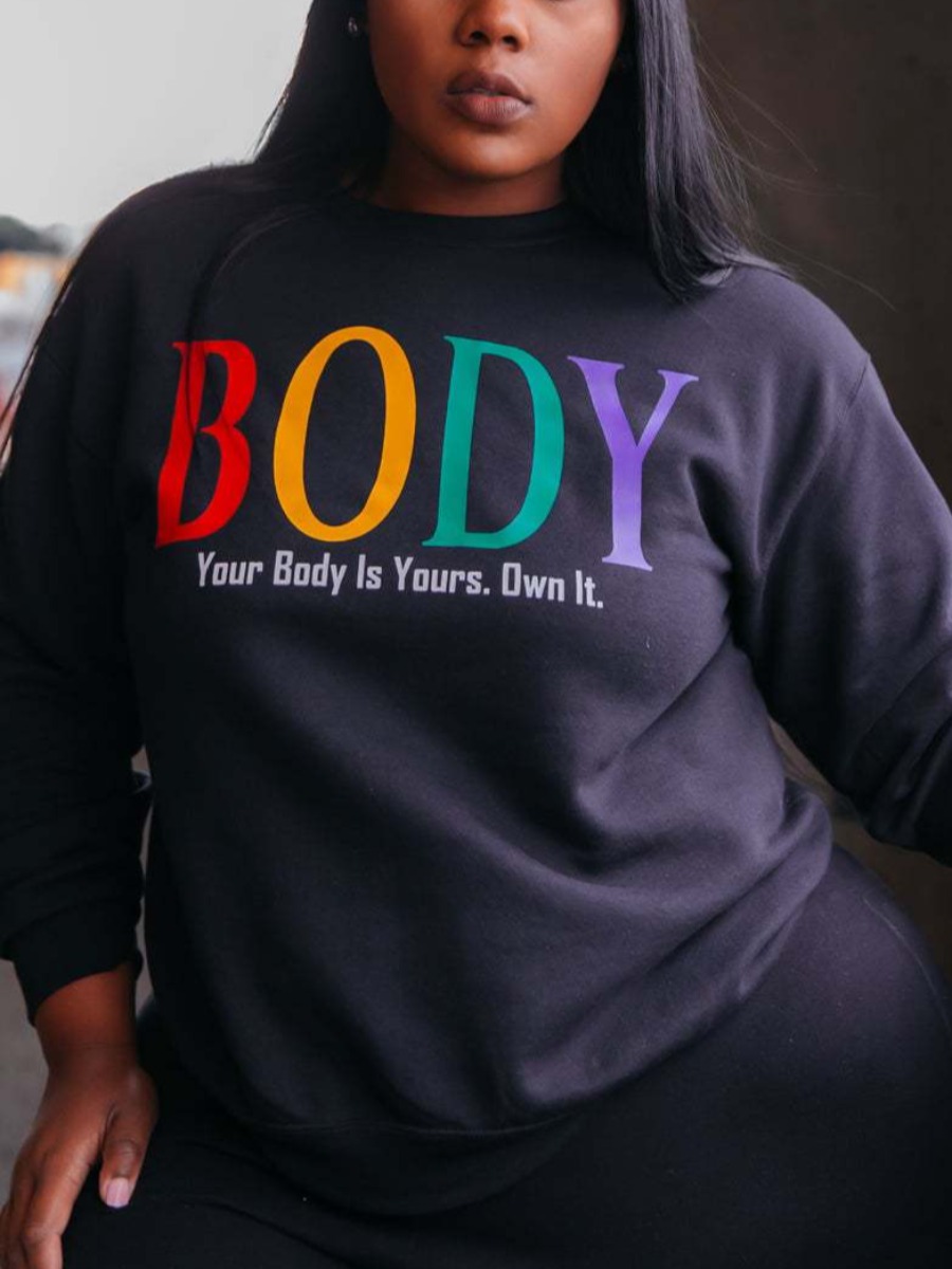 

LW Plus Size Round Neck Letter Print Hoodie, Black