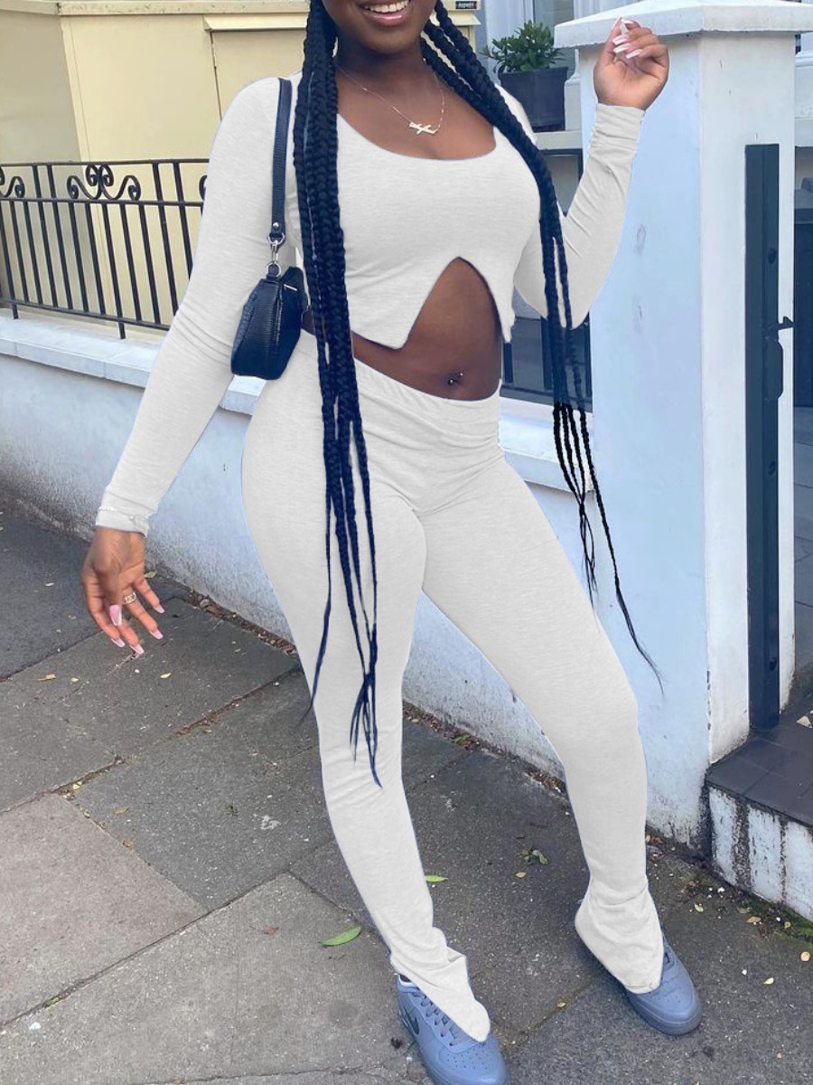 

LW U Neck Front Slit Pants Set, White
