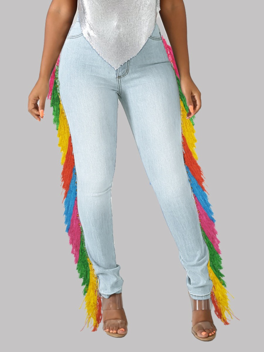 

LW Tassel Design Patchwork Jeans, Baby blue