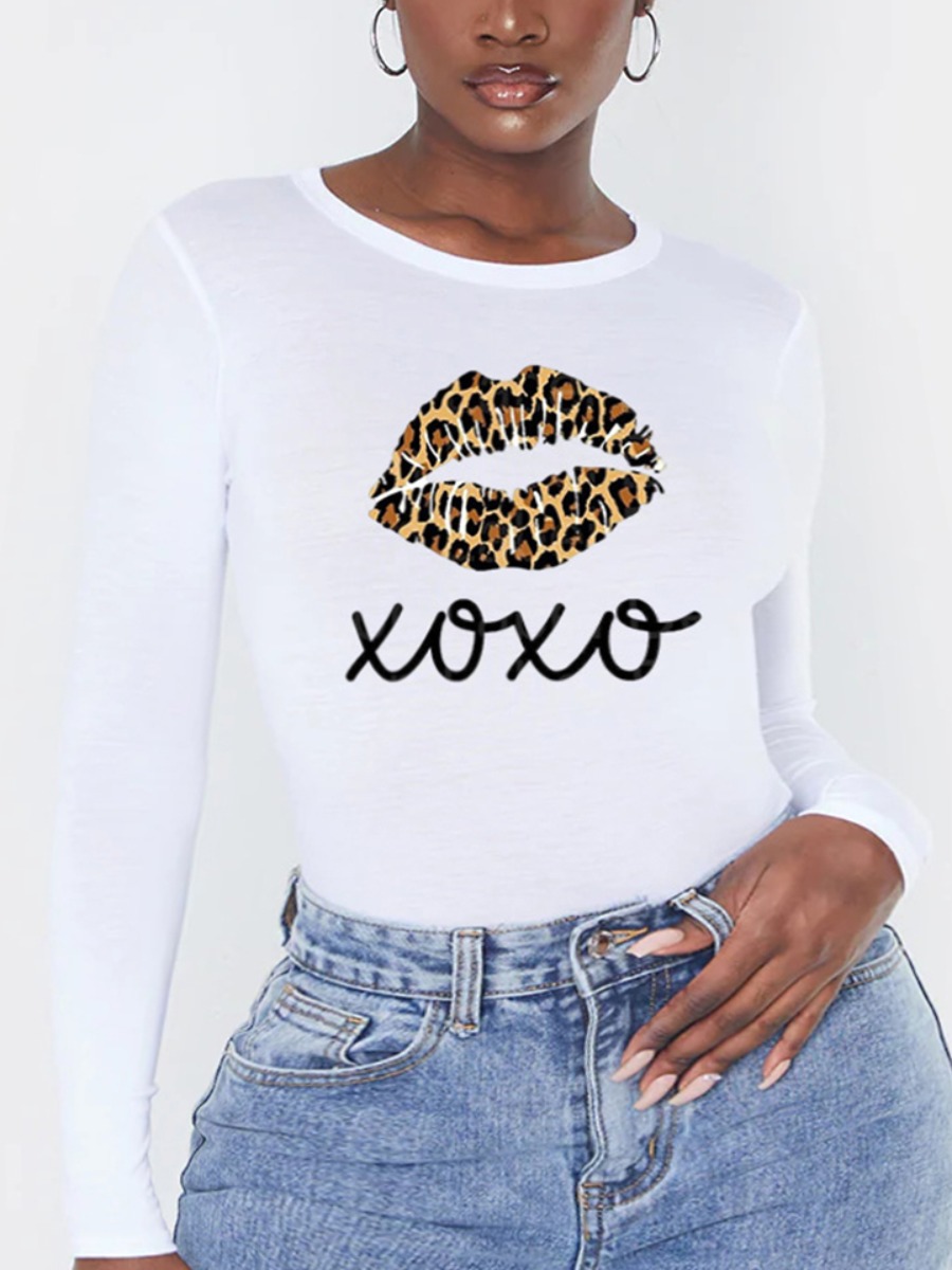 

LW COTTON Plus Size Lip Letter Print T-shirt, White