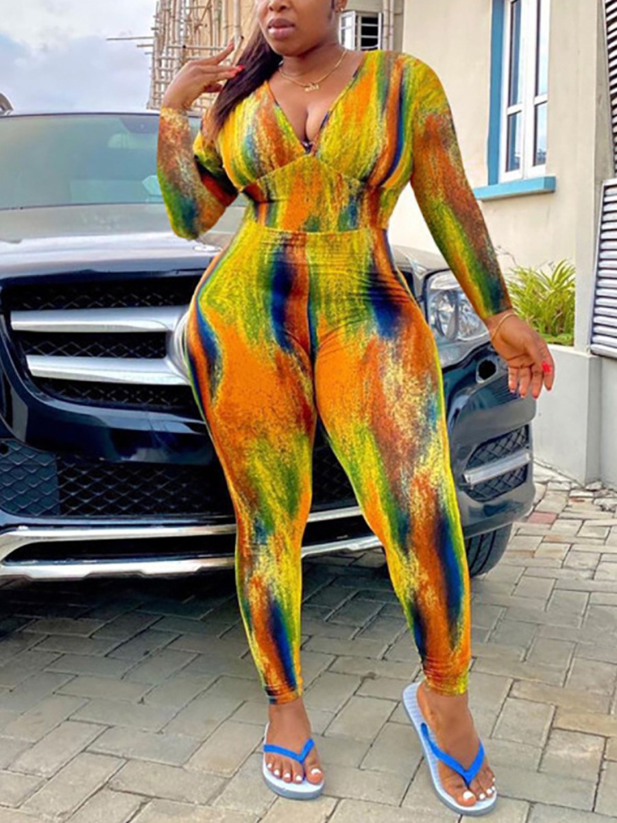 

LW Plus Size V Neck Tie-dye Jumpsuit, Yellow