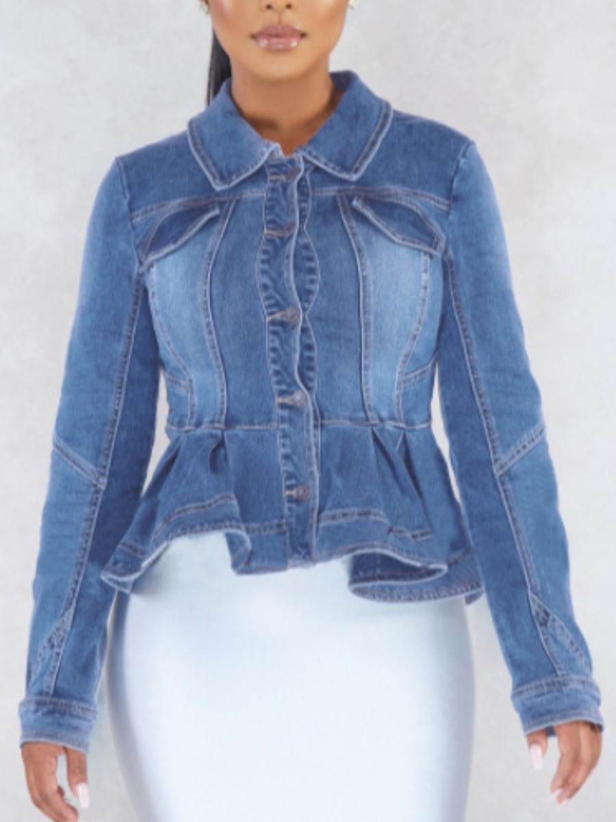 

LW Button Flounce Design Denim Jacket, Baby blue