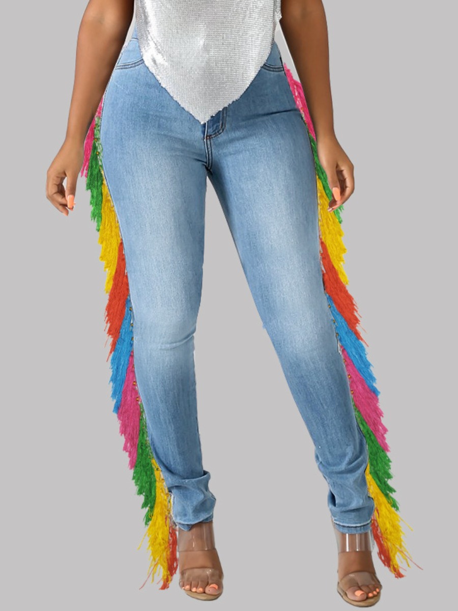 

LW High Stretchy Tassel Design Patchwork Jeans, Blue