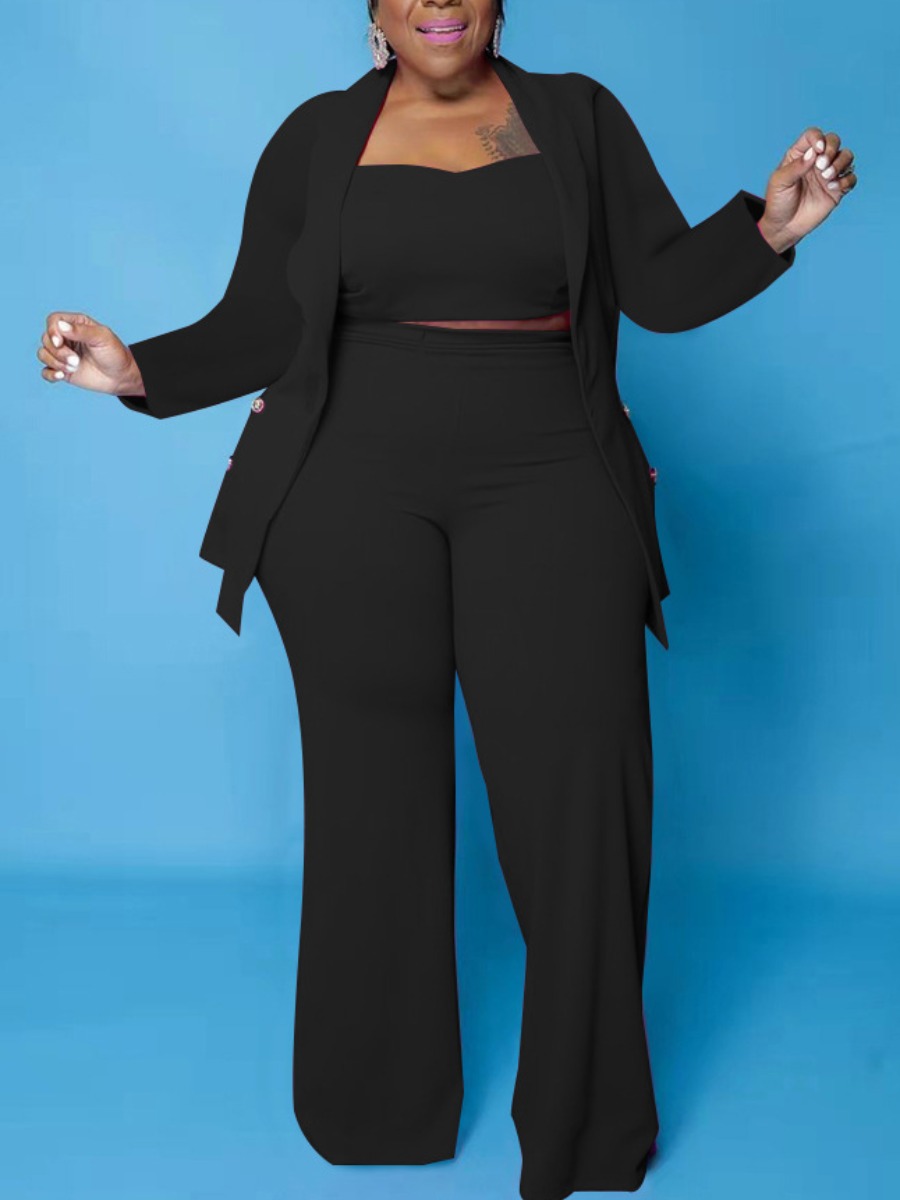 

LW Plus Size High-waisted Cami Three-piece Pants Set, Black