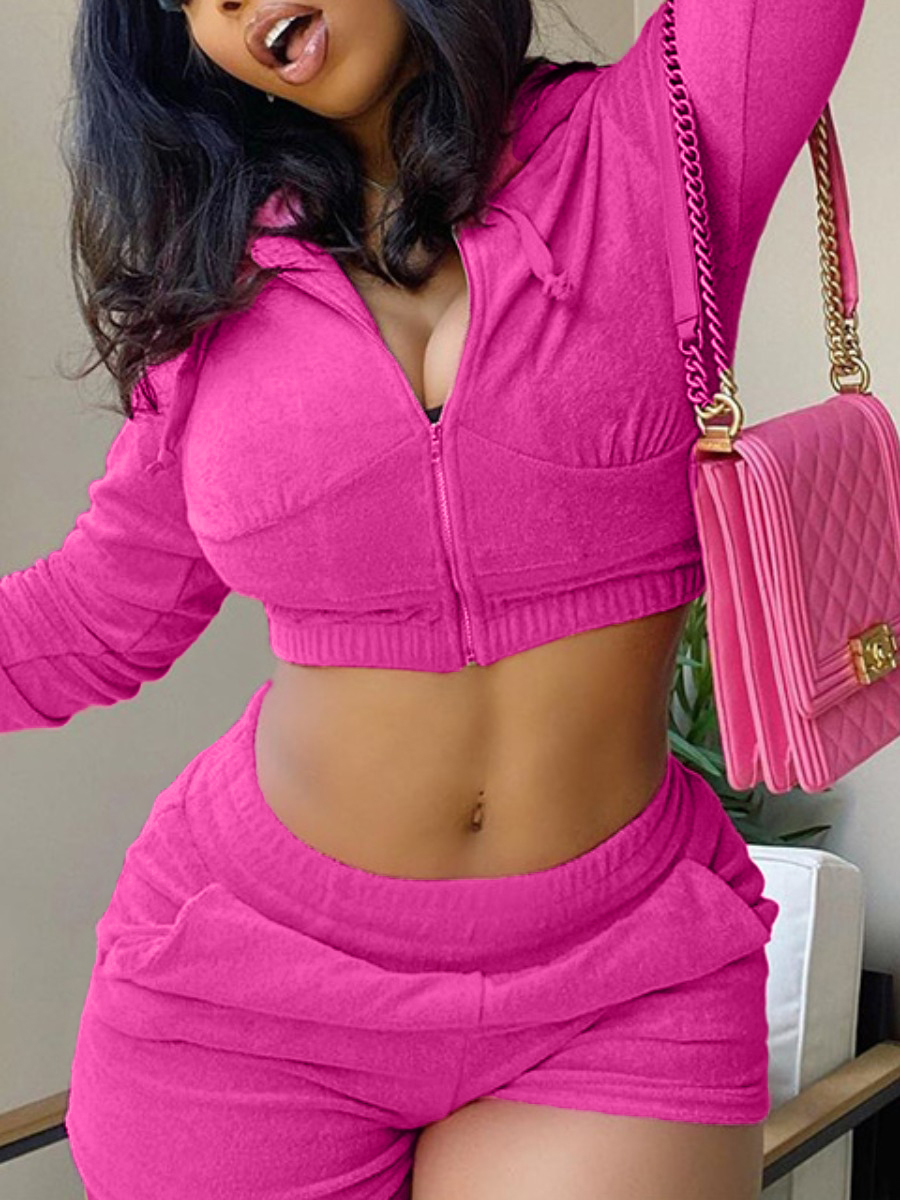 

LW Hooded Collar Zipper Design Crop Top Tracksuit Set, Pink