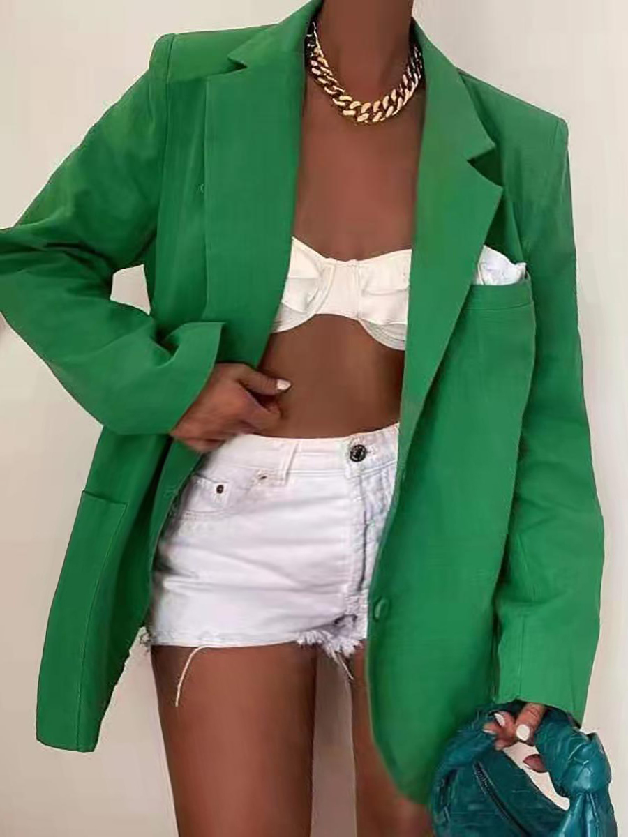 

LW Plus Size Turndown Collar Pocket Design Coat, Green