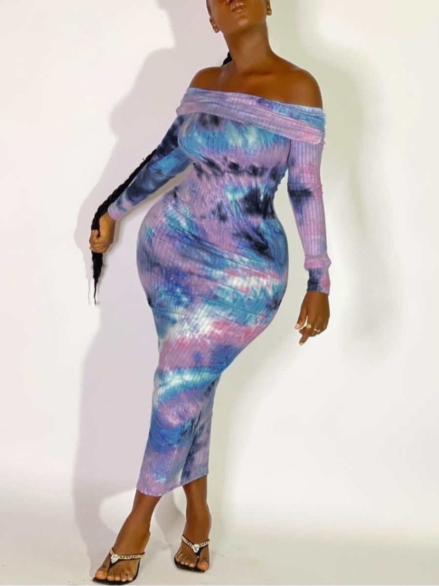 

LW Off The Shoulder Tie-dye Bodycon Dress, Blue