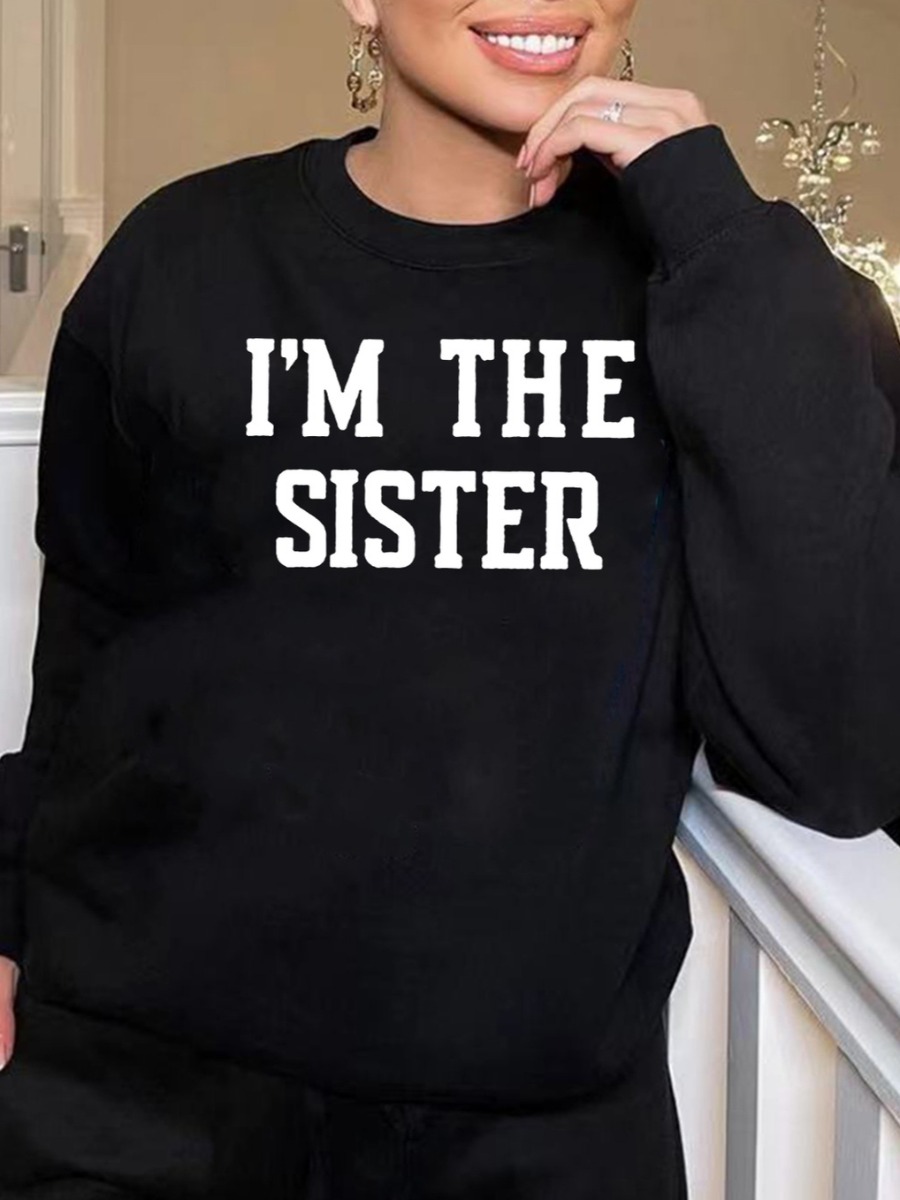

LW Round Neck Letter Print Hoodie, Black