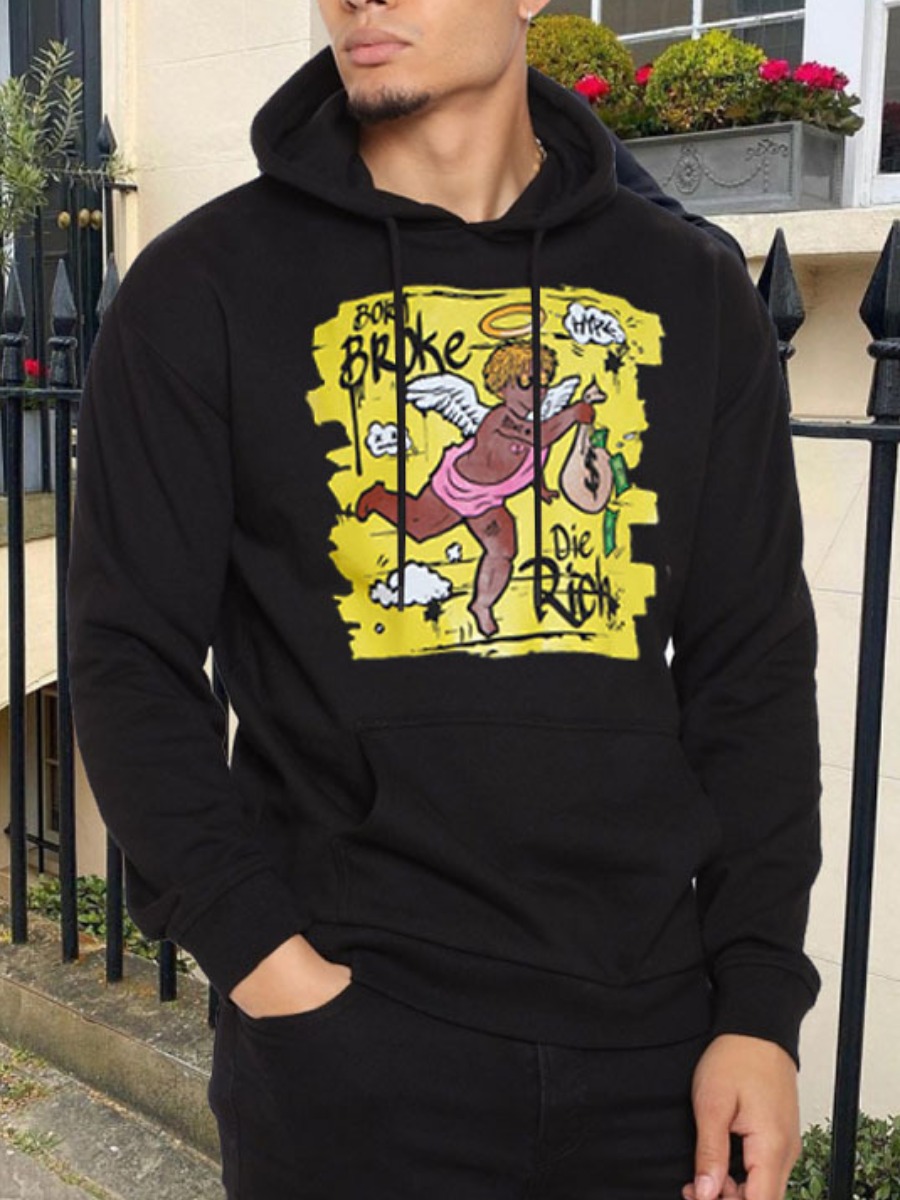 

LW Men Cartoon Letter Print Hoodie, Black