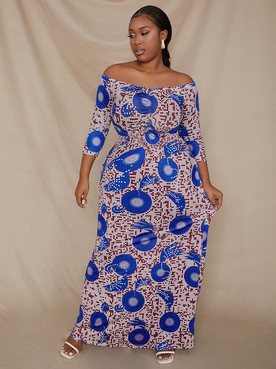 

LW Plus Size Off The Shoulder Geometric Print Dress, Blue