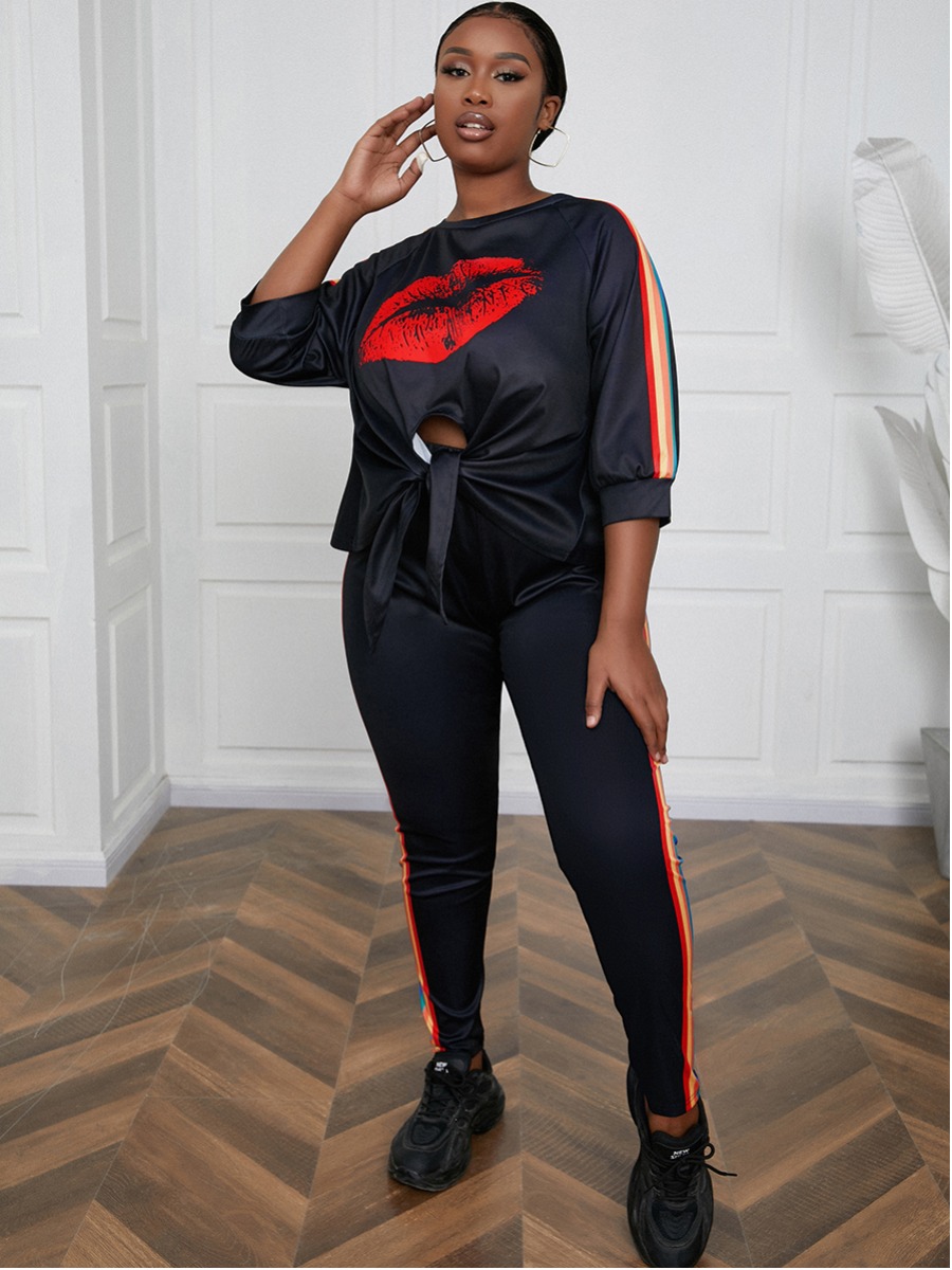 

LW Plus Size Lip Print Striped Pants Set, Black
