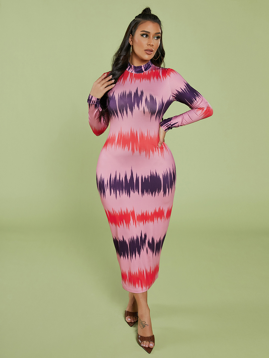 

LW Half A Turtleneck Tie-dye Bodycon Dress, Dark pink