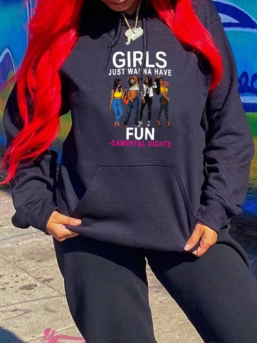 

LW Plus Size Letter Print Kangaroo Pocket Hoodie, Black