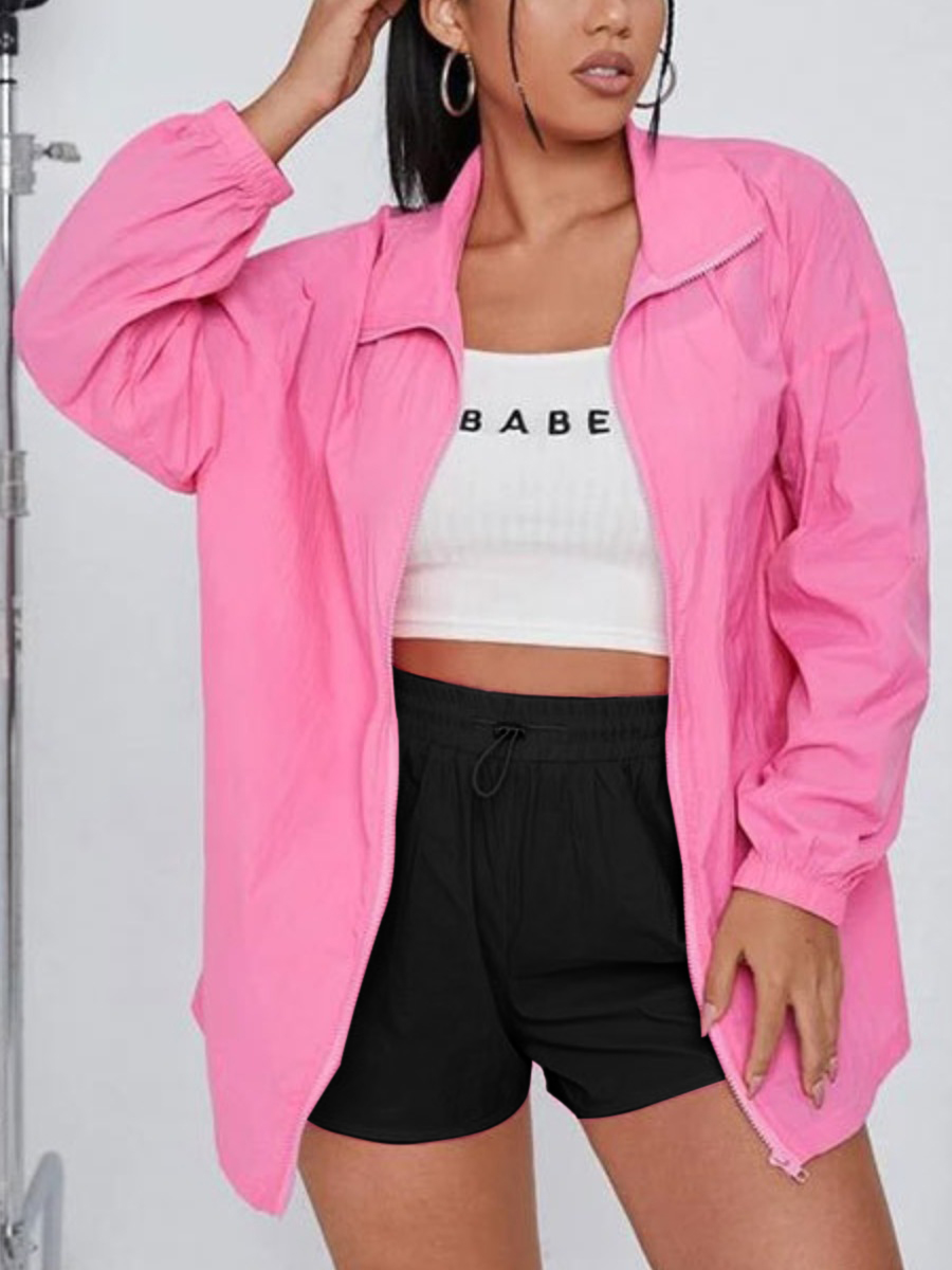 

LW BASICS Plus Size Turndown Collar Zipper Design Jacket, Pink