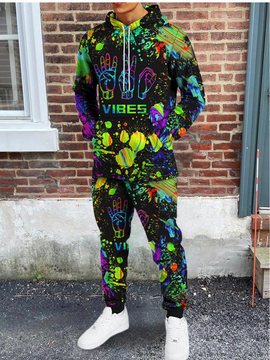 

LW Men Splash-ink Letter Print Sweatsuit Set, Multi