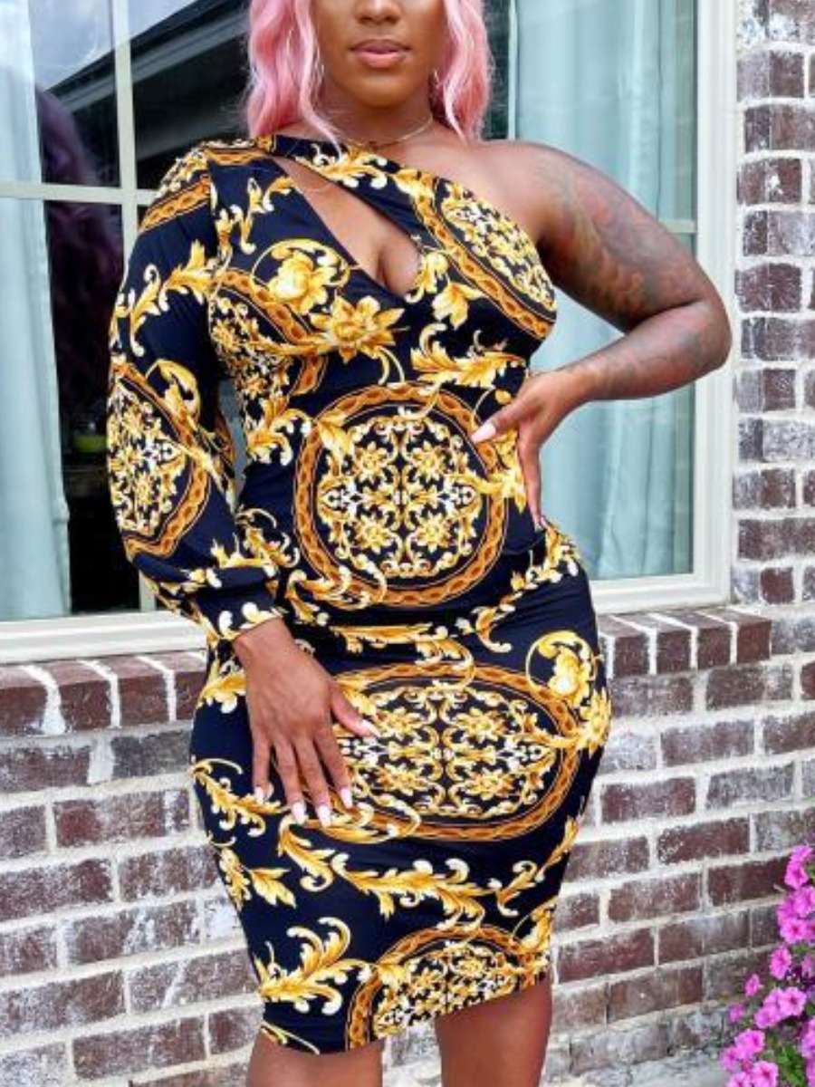 

LW One Shoulder Floral Print Bodycon Dress, Yellow