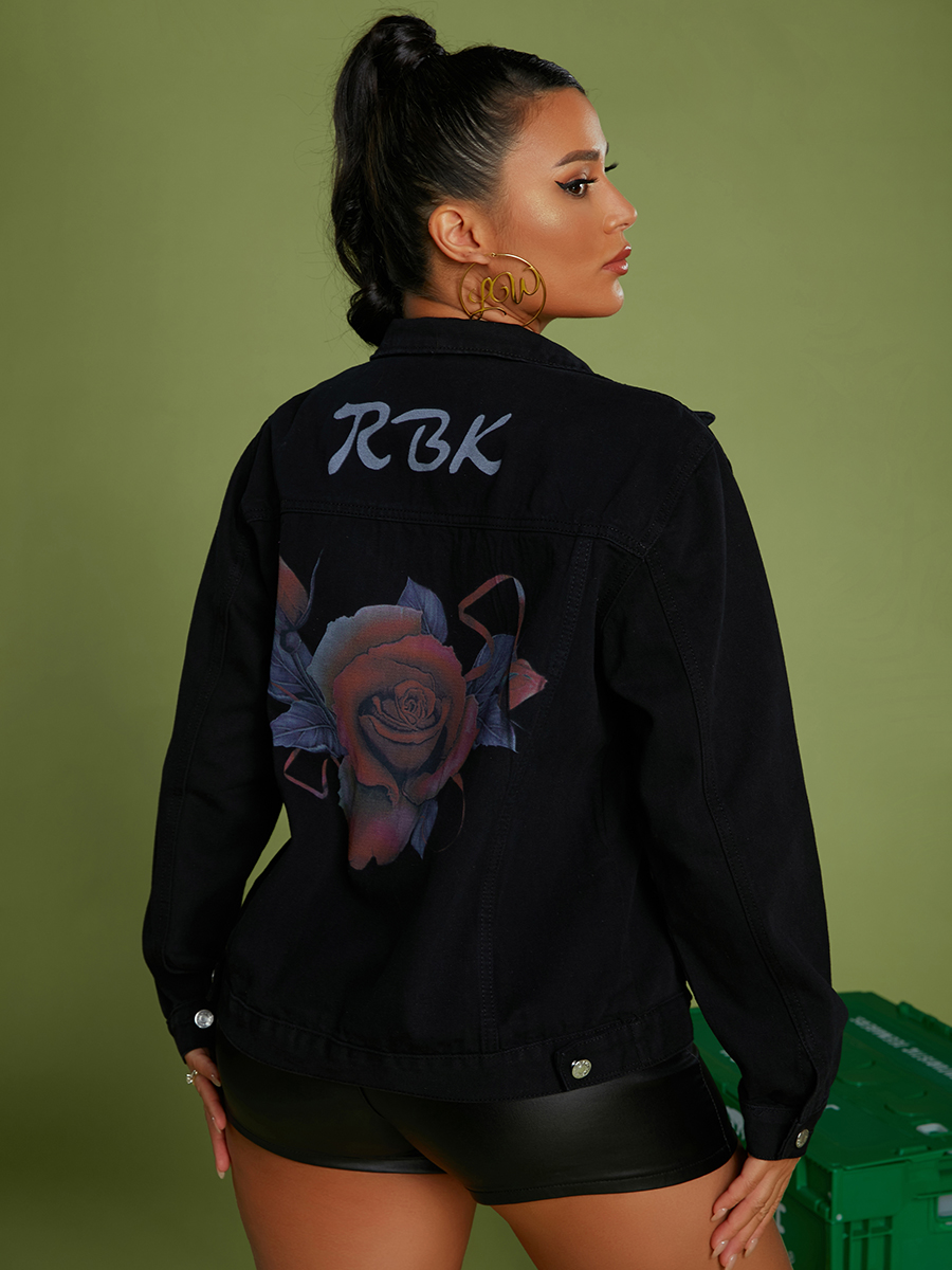 

LW Rose Flower Letter Print Denim Jacket, Black
