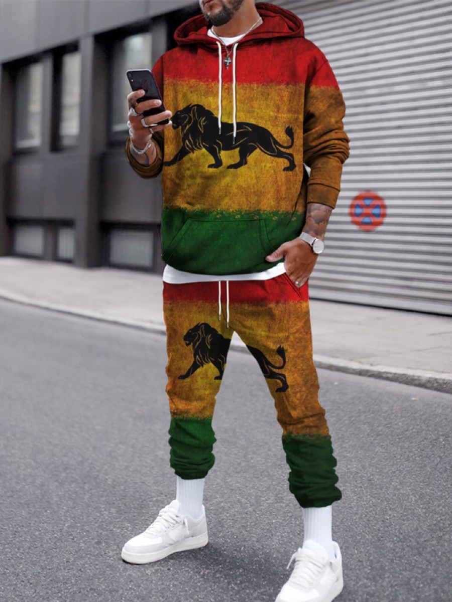

LW Men Lion Print Oversized Sweatsuit Set, Multi