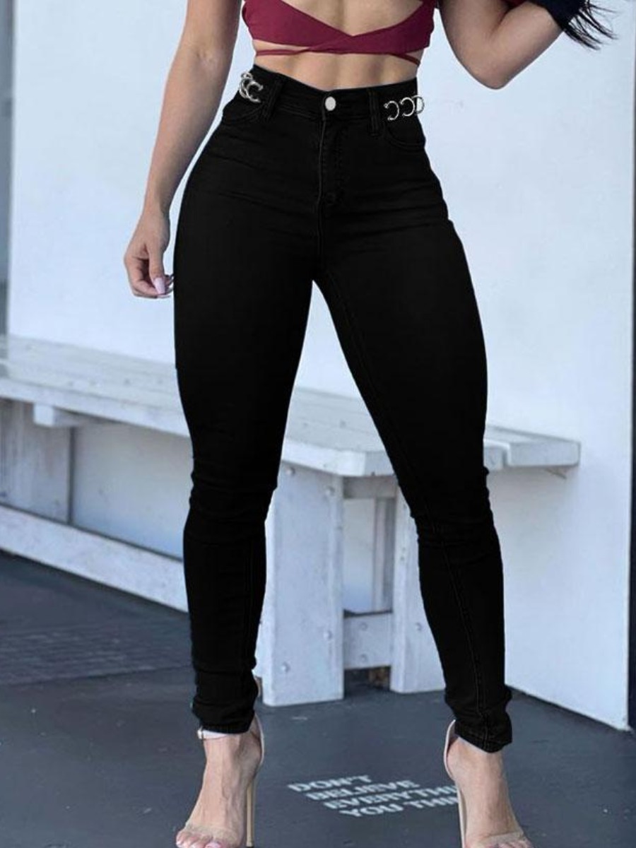 

LW High-waisted Metal Ring Decoration Jeans, Black