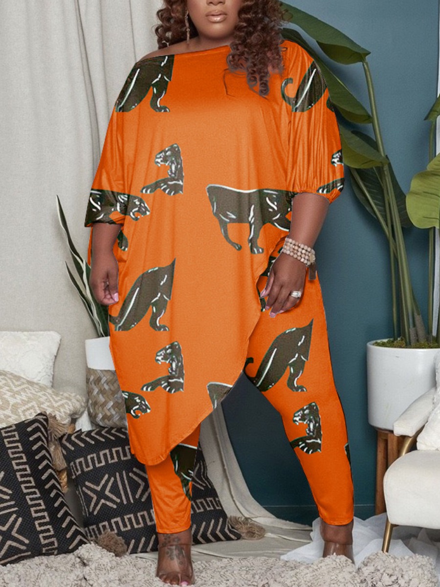 

LW Plus Size Lion Print Asymmetrical Pants Set, Croci