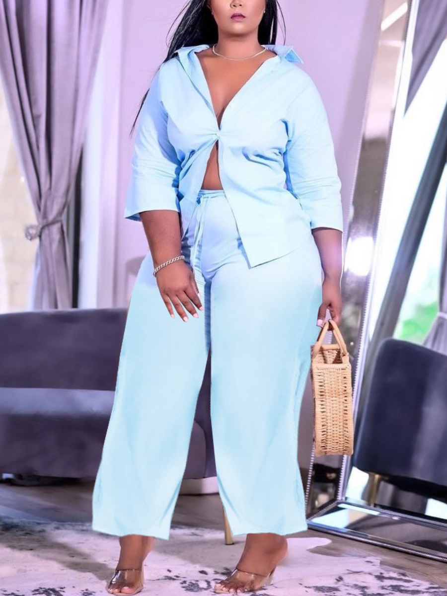 

LW Plus Size Turndown Collar Wide Leg Pants Set, Blue