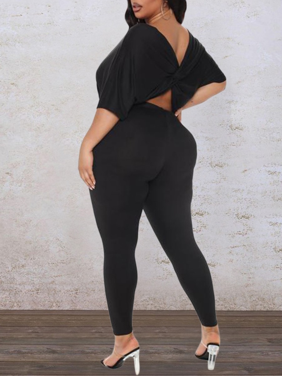 

LW Plus Size Twist Back Loose Pants Set, Black