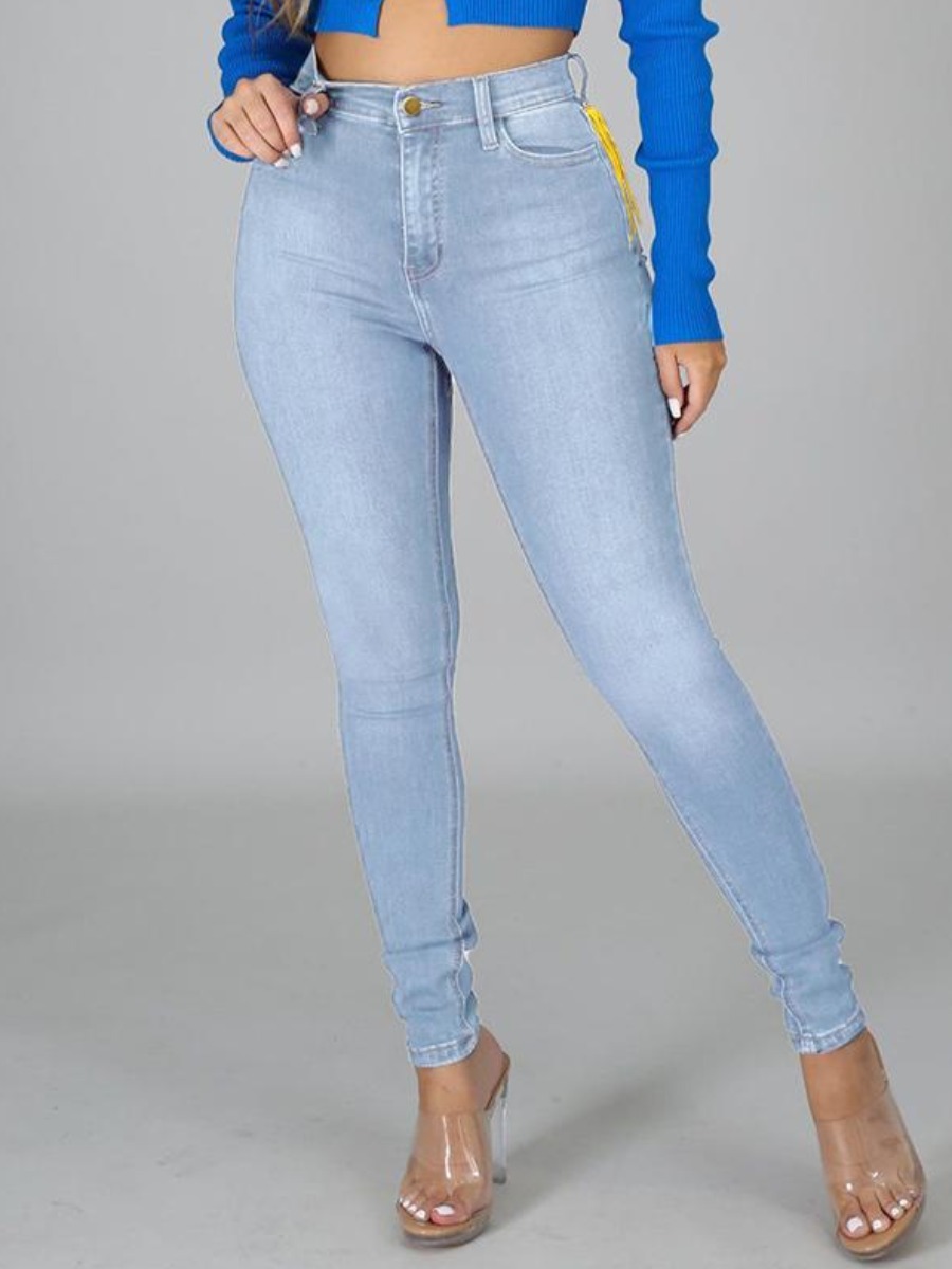

LW High-waisted High Stretchy Tassel Design Jeans, Baby blue