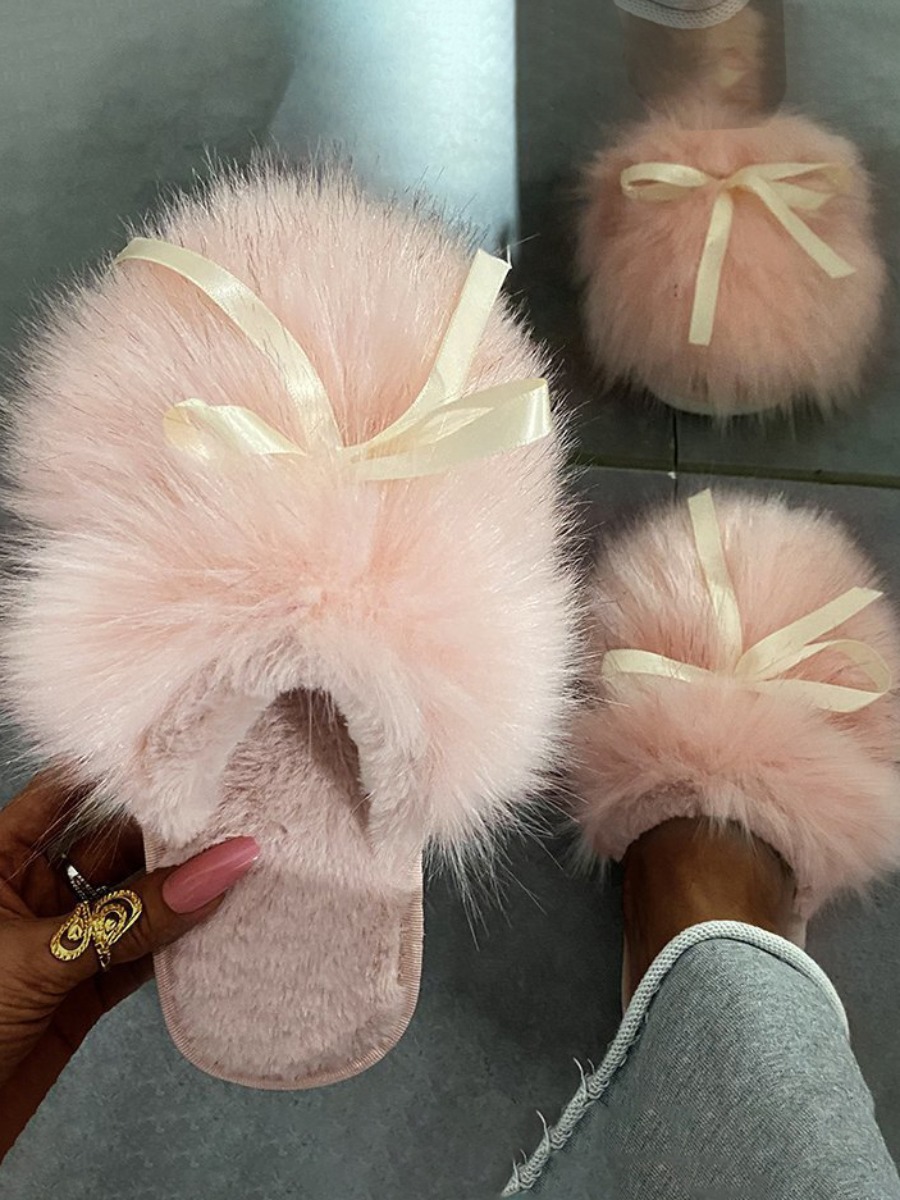 

LW Bow-tie Decoration Plush Slippers, Light pink
