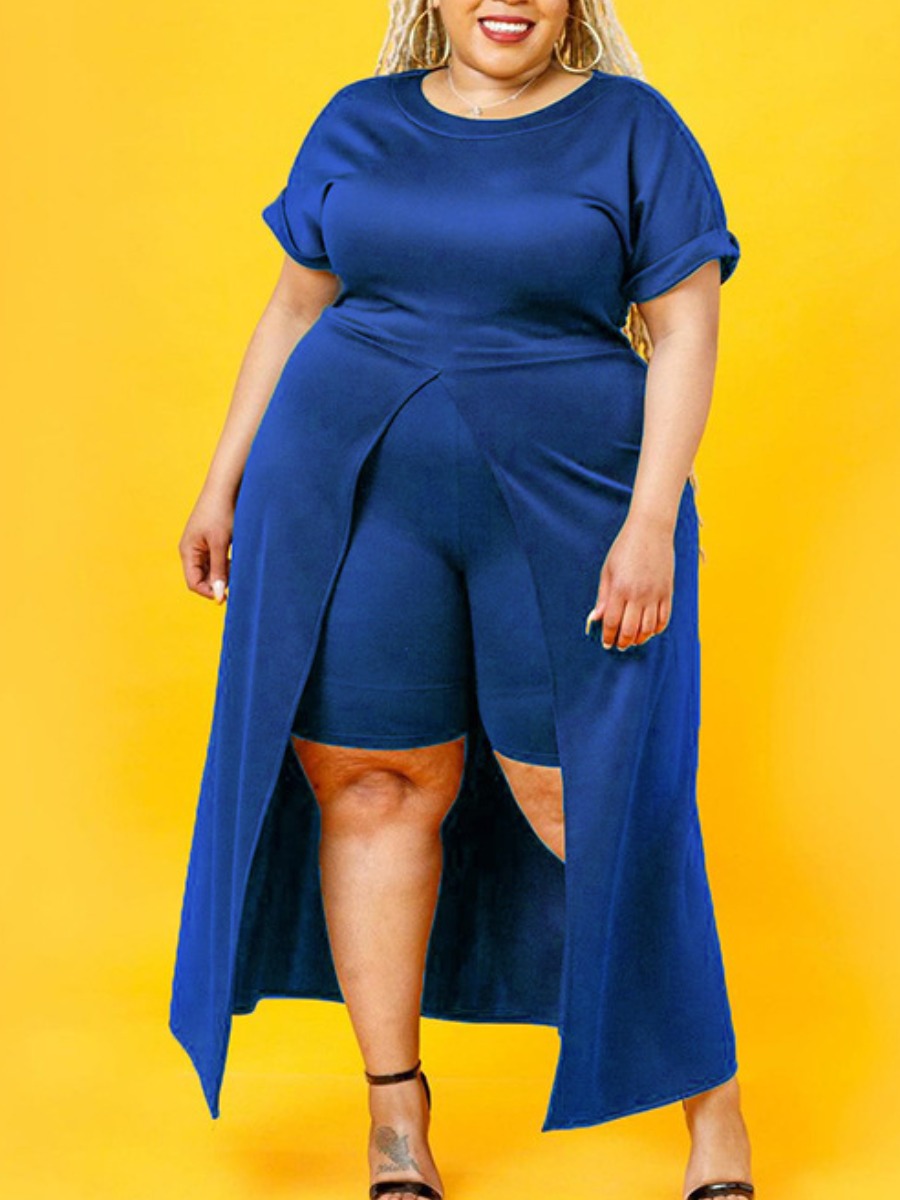 

LW Plus Size Front Split Skirt Overlay Shorts Set, Blue