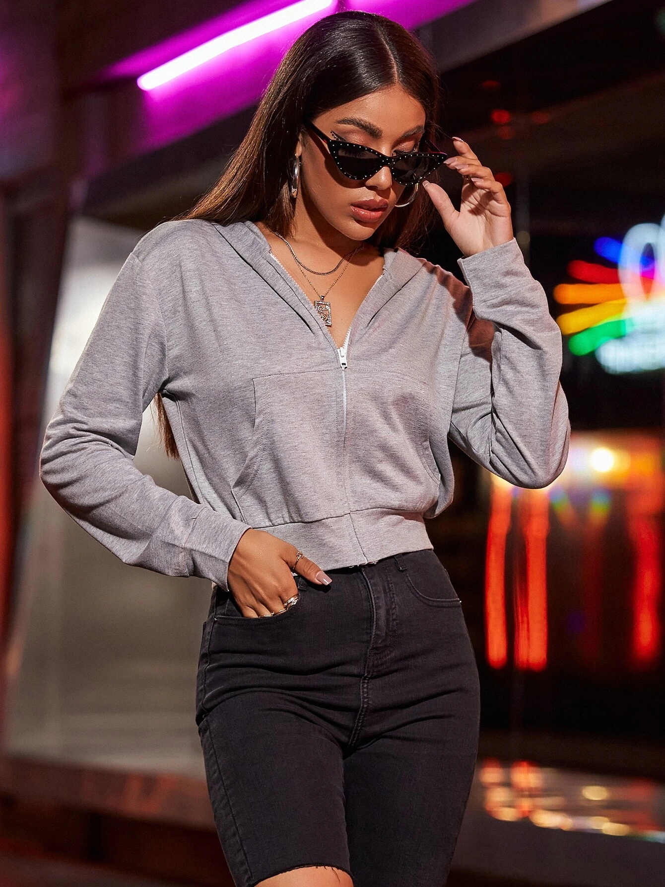 

Lovely Zipper Design Kangaroo Pocket Hoodie, Grey