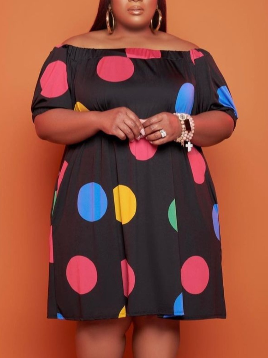 

LW Plus Size Off The Shoulder Dot Print Dress, Black