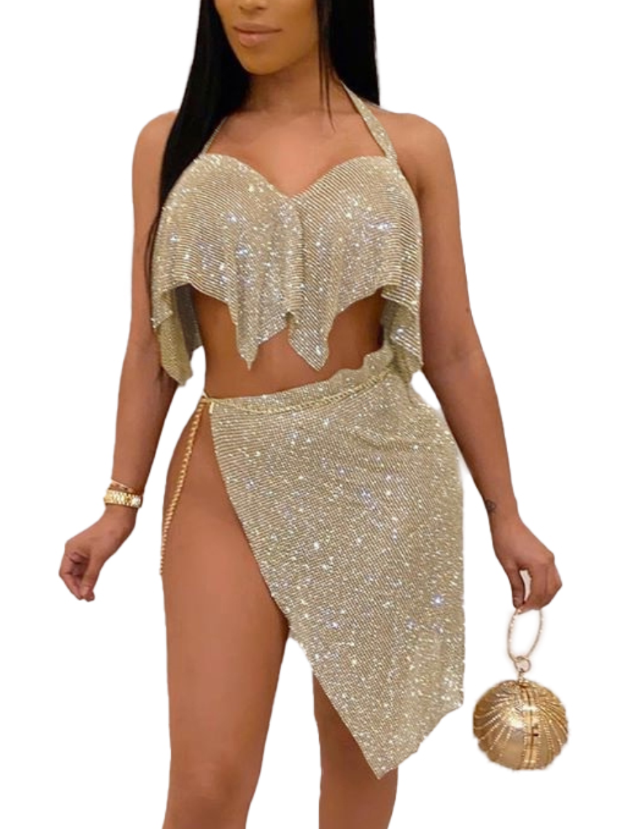 LovelyWholesale SXY Side High Slit Gold Skirt Set Summer Sleeveless Sxy Sequin Halter Spring Summer 2024