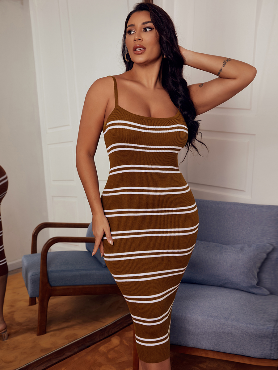 

LW SXY U Neck Striped Bodycon Dress, Brown stripes