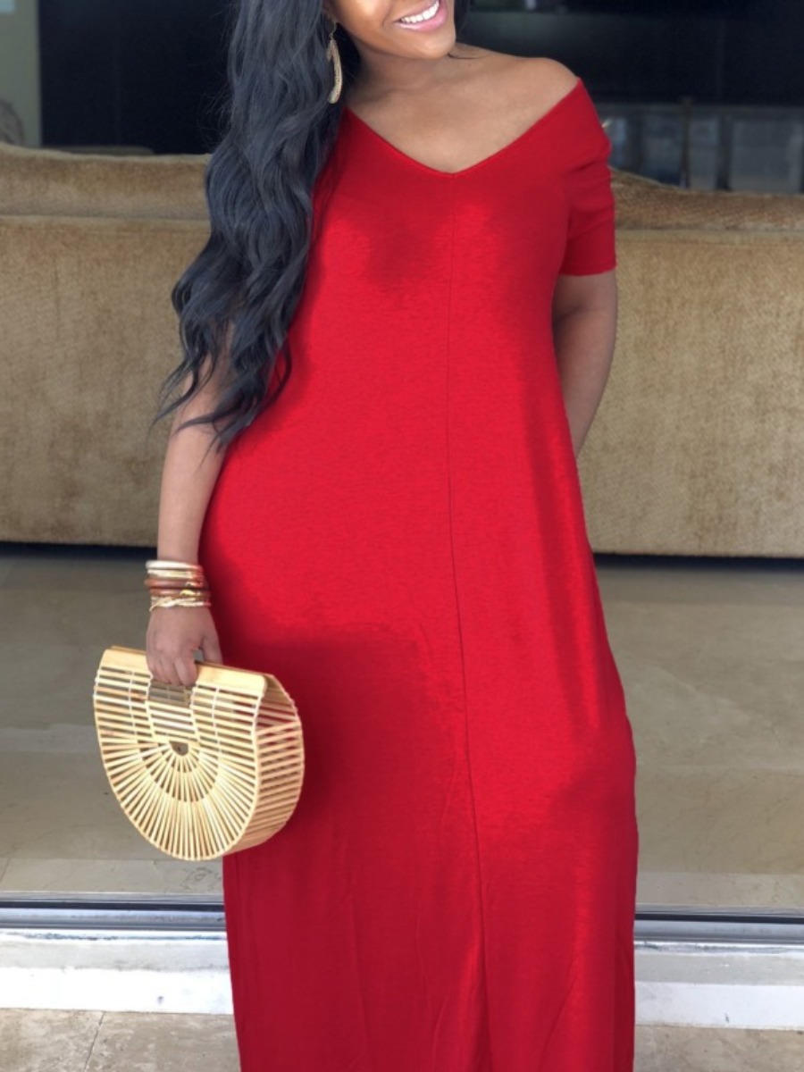 

LW Plus Size V Neck Stretchy Loose Dress, Red