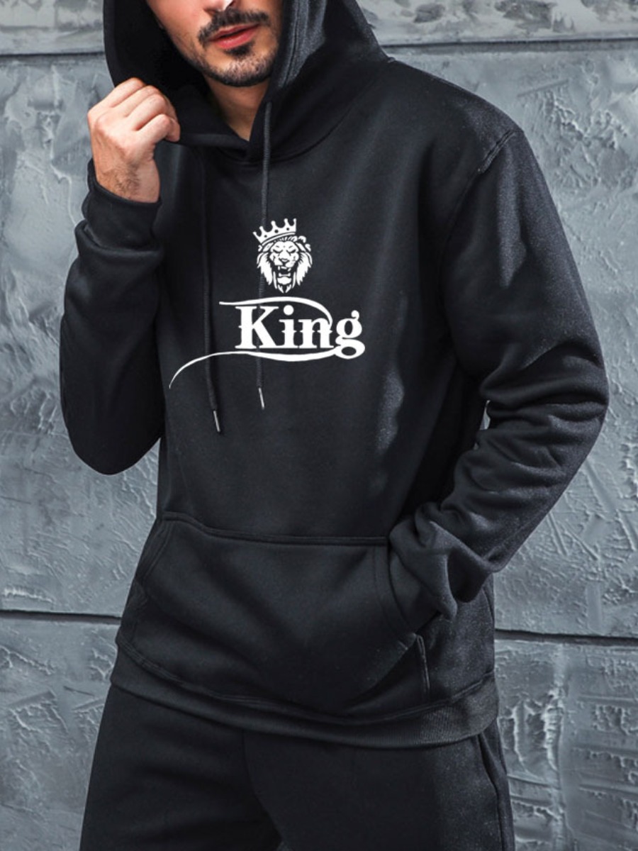 

LW Men King Letter Print Hoodie, Black