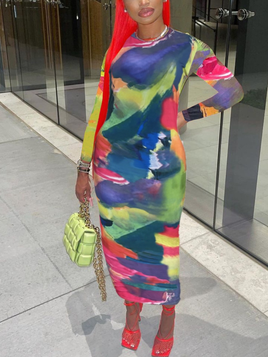 

LW Round Neck Tie-dye Bodycon Dress, Multi