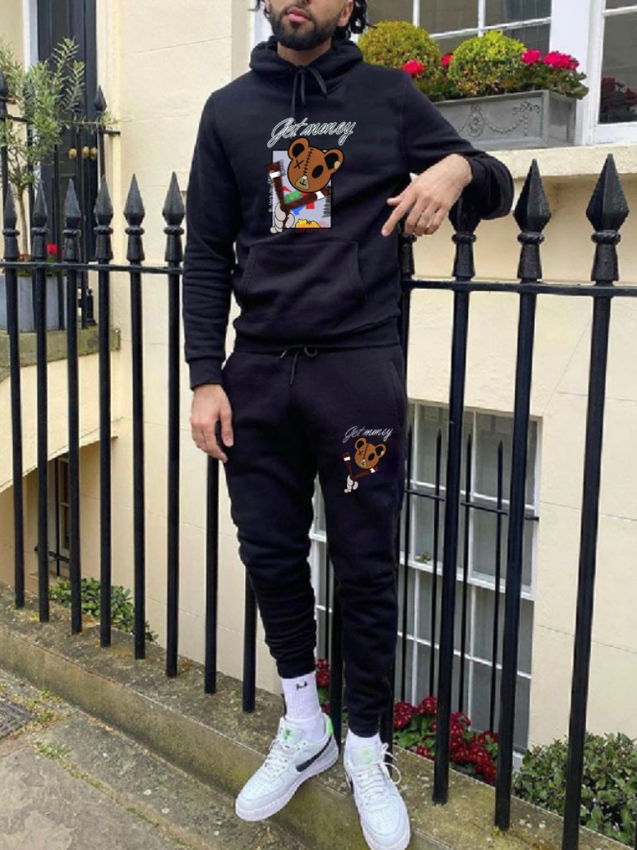 

LW Men Cartoon Letter Print Sweatsuit Set, Black