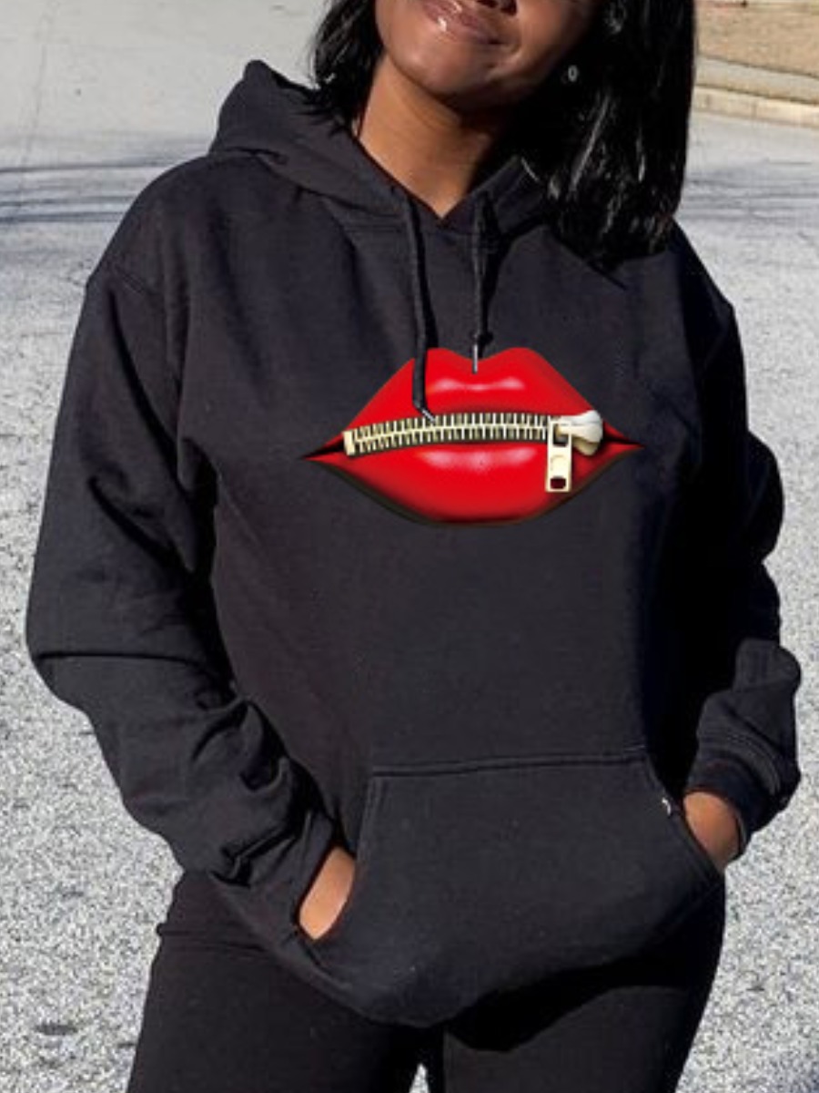 

LW Lip Print Kangaroo Pocket Hoodie, Black