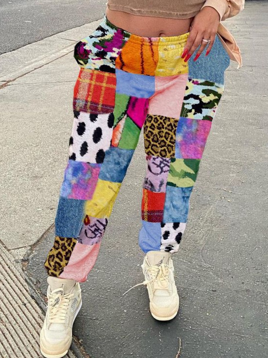 

LW Plaid Leopard Print Patchwork Pants, Multi