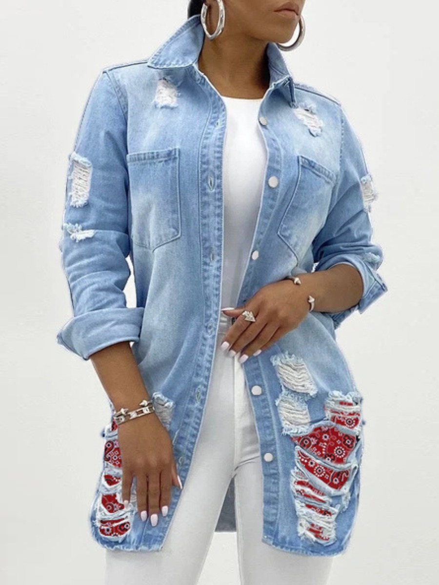 

LW Button Design Ripped Denim Coat (No Stretch), Baby blue