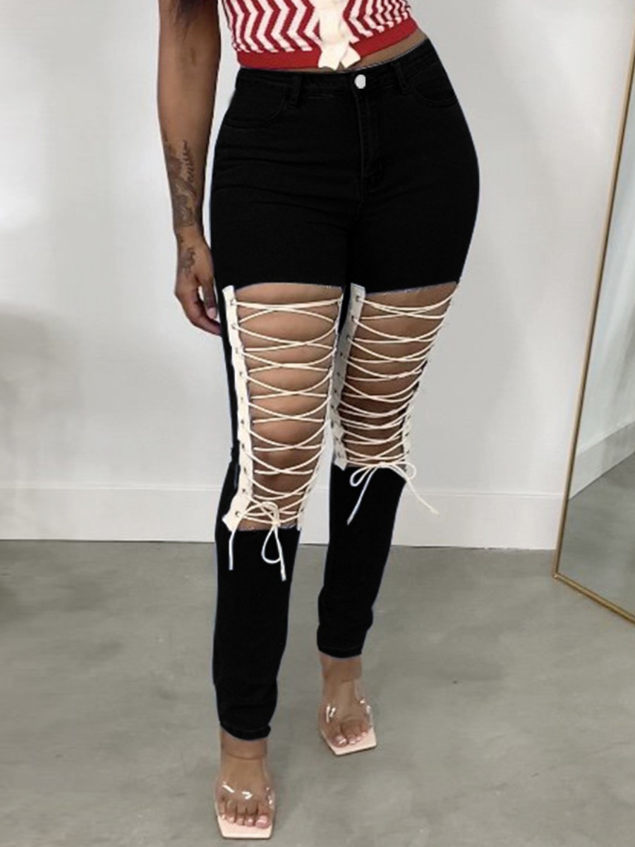 

LW Ripped Bandage Design Jeans, Black