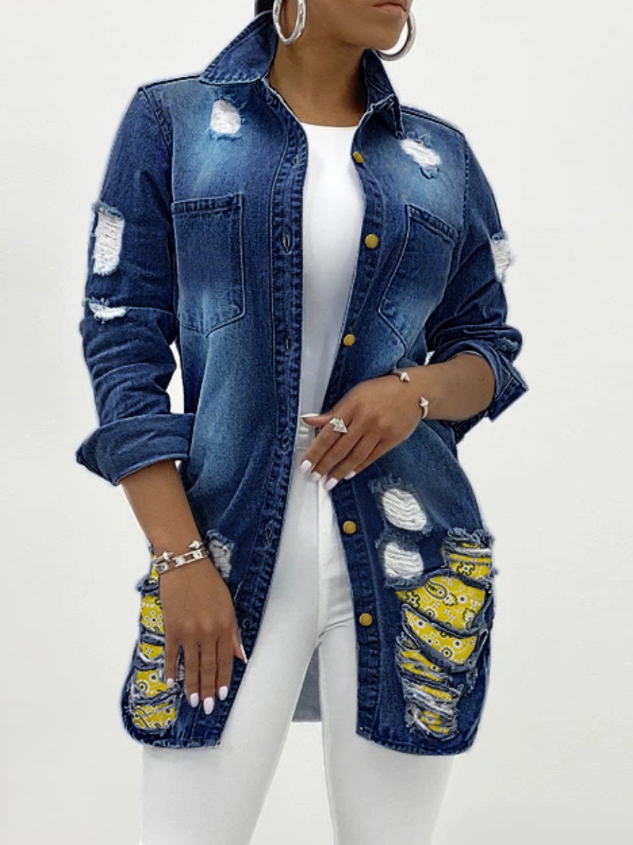 

LW Cashew Print Ripped Denim Jacket, Deep blue