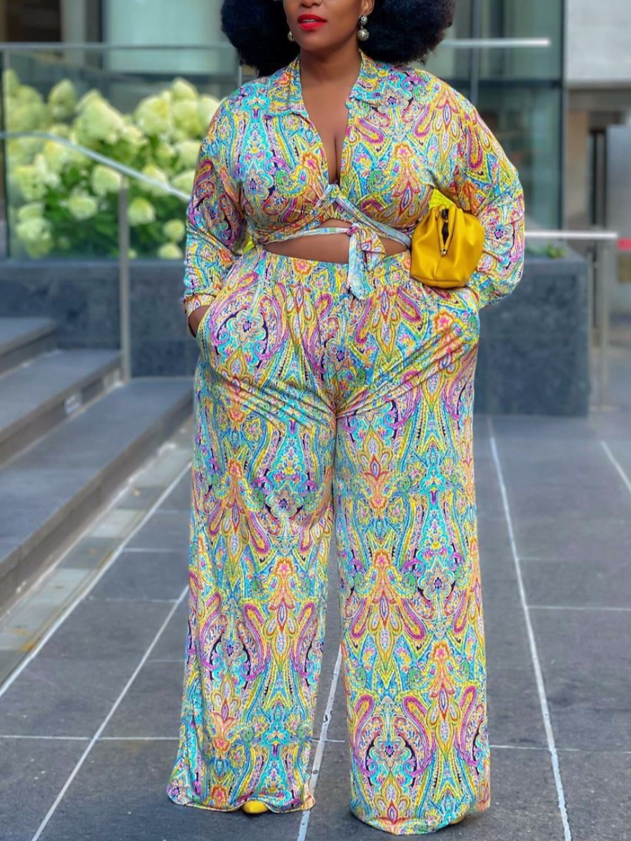 

LW Plus Size Mixed Print Bandage Design Pants Set, Multi