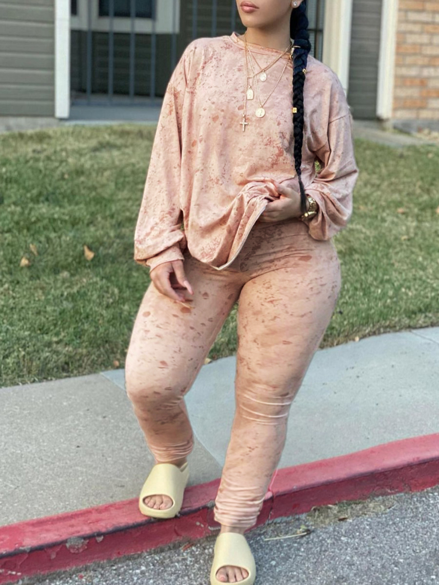 

LW Plus Size Tie-dye Oversized Pants Set, Apricot