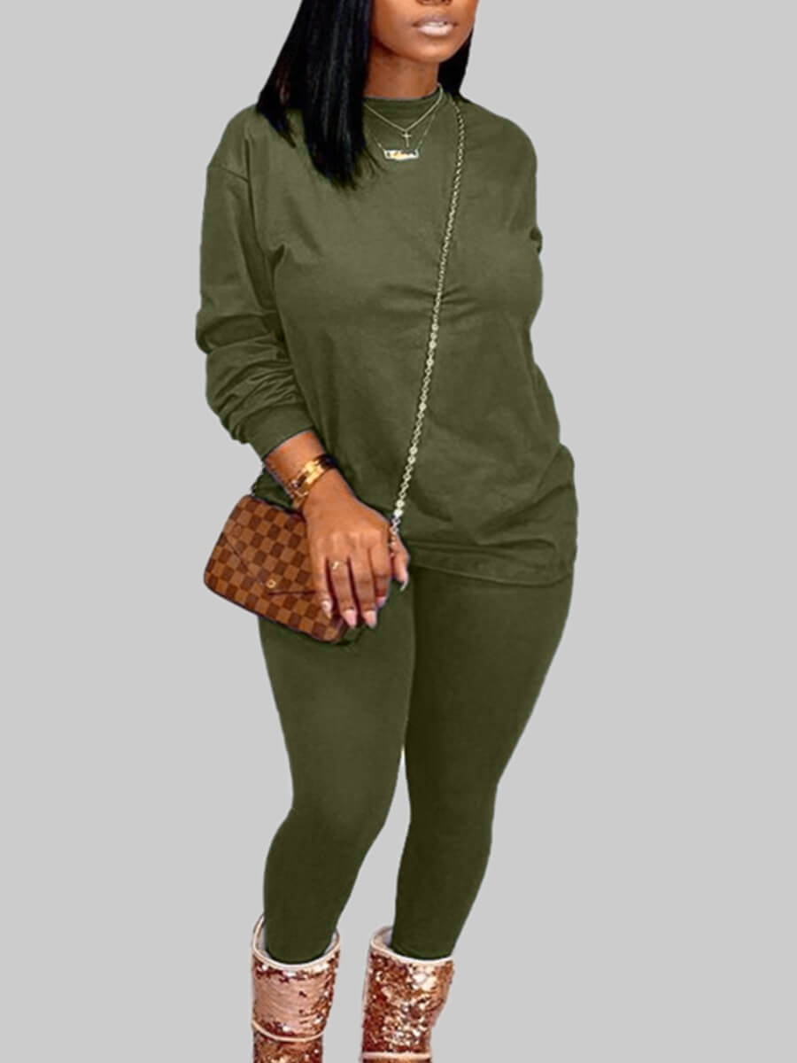 

LW BASICS Plus Size O Neck Pants Set, Black green