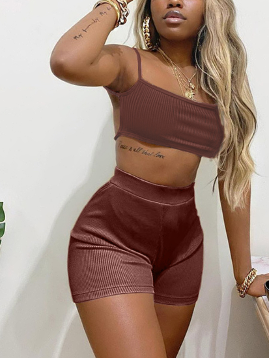 

LW Casual Backless Rib-Knit Coffee Two Piece Shorts Set