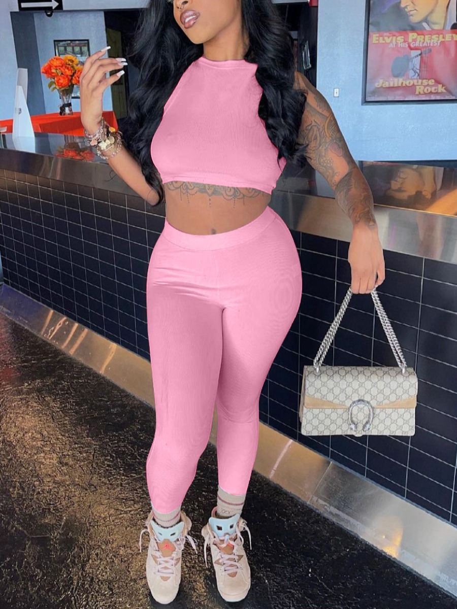 

LW Round Neck Crop Top Pants Set, Pink