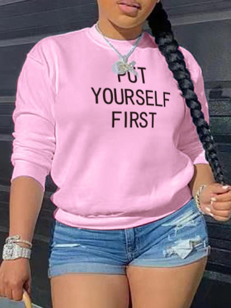 

LW Round Neck Letter Print Sweatshirt, Pink
