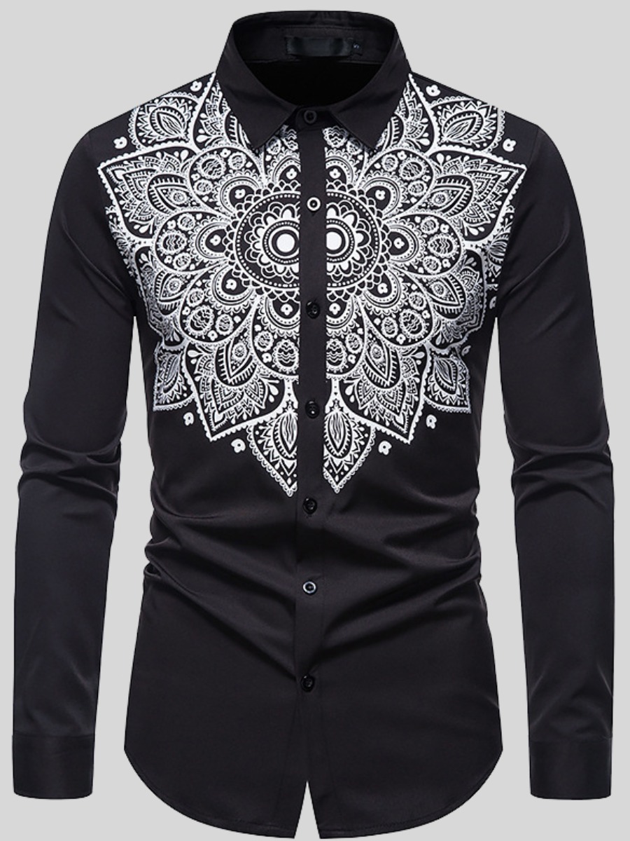 

LW Men Turndown Collar Print Patchwork Shirt, Black