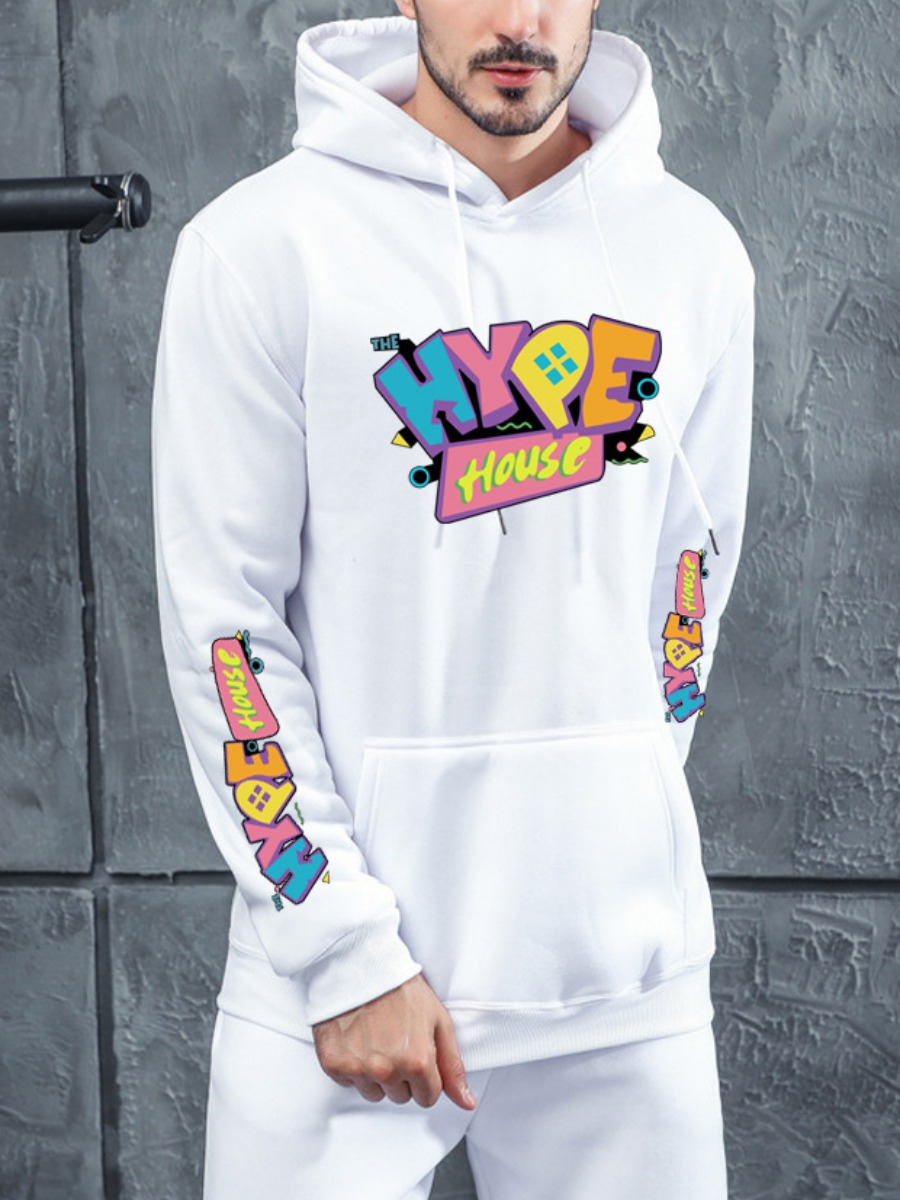 

LW Men Letter Print Kangaroo Pocket Hoodie, White
